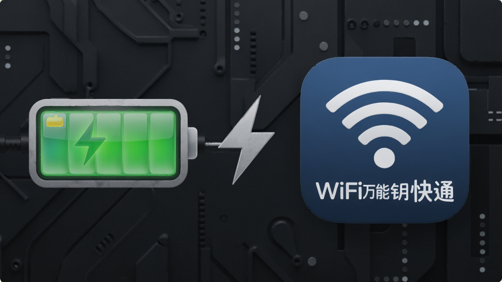 一张展示手机电池与WiFi信号图标的创意图,画面左侧是绿色的电池图标,右侧是