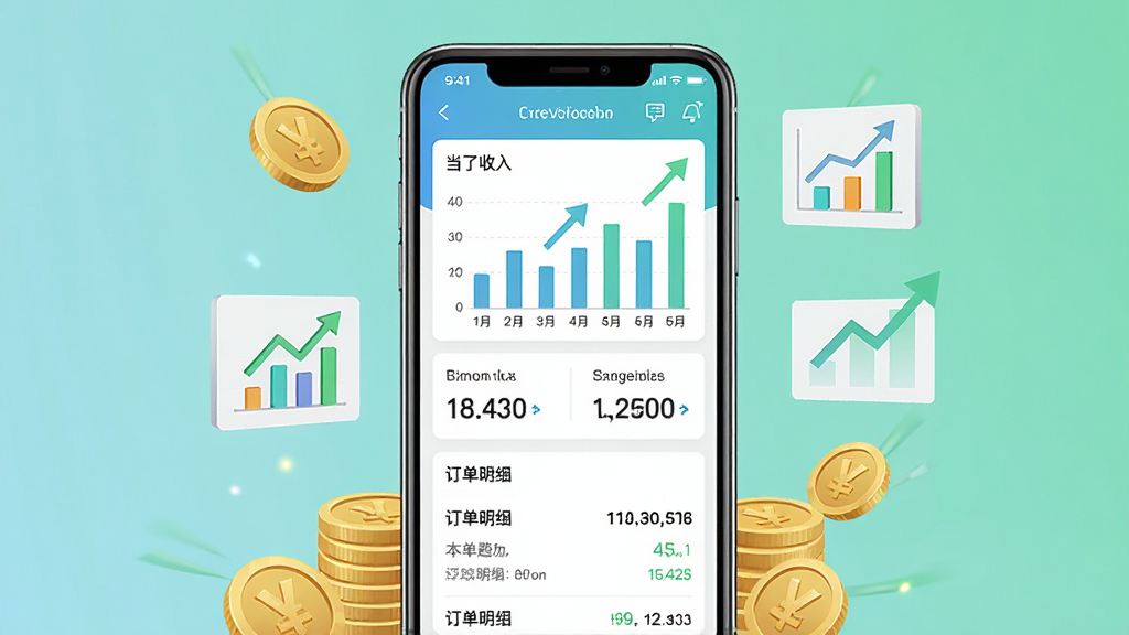 外卖骑手众包配送软件的收入统计界面展示图,画面中央是手机屏幕,屏幕上显示柱状图和数字统计,包括当日收入、本周收入和订单明细列表,布局为手机屏幕居中、周围有金币和图表元素点缀,风格为清新简洁的数据可视化风格,细节包括清晰的数据标签和趋势箭头,画质高清,干净,无多余元素