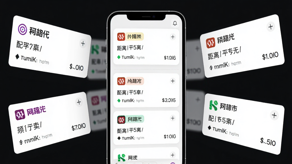 外卖骑手众包配送软件的多平台订单聚合功能展示图,画面主体是一部智能手机,屏幕上同时显示来自不同平台的订单卡片,订单卡片以列表形式排列,每张卡片上有平台标识、配送距离和预计收入,布局为手机居中、订单卡片环绕,风格为现代简约科技感,细节包括不同颜色的平台标签和清晰的数据展示,画质高清,干净,无多余元素