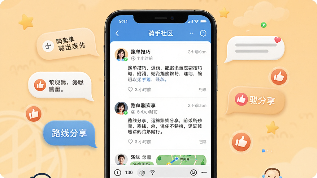 外卖骑手众包配送软件的骑手社区界面展示图,画面主体是手机屏幕,屏幕上显示帖子列表和聊天界面,帖子内容包括跑单技巧和路线分享,布局为手机居中、周围有对话气泡和点赞图标,风格为温暖社交风格,细节包括用户头像、评论数和发布时间,画质高清,干净,无多余元素