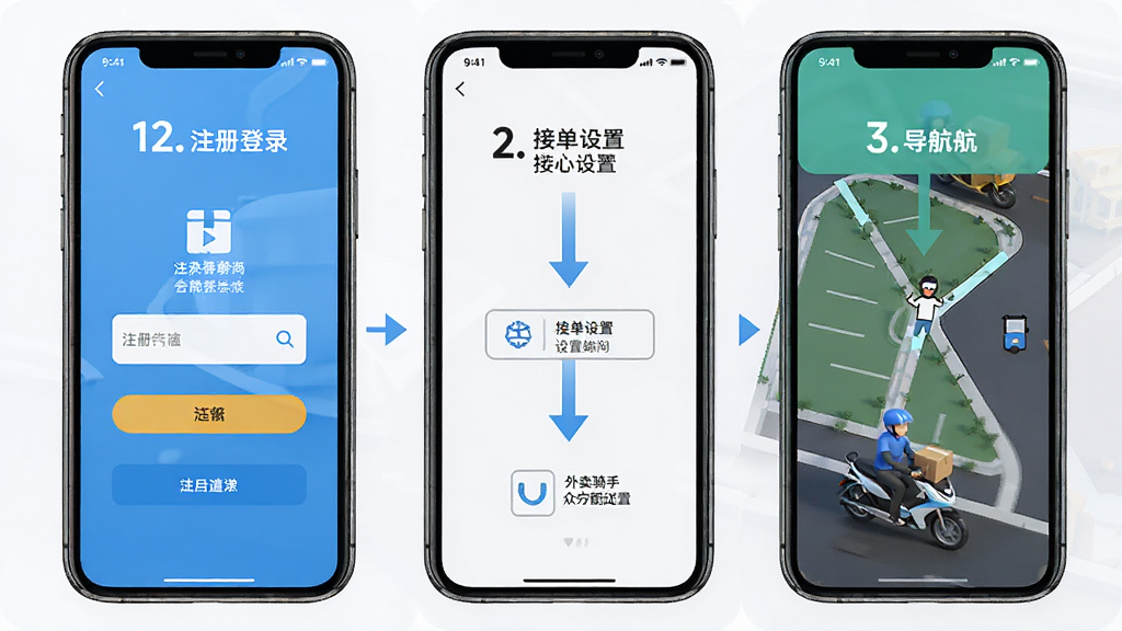 外卖骑手众包配送软件的新手操作指南示意图,画面主体是手机屏幕,屏幕上显示注册登录、接单设置和导航配送三个步骤的流程图,布局为纵向排列的三个手机界面,风格为清新教程风格,细节包括箭头指引和步骤编号,画质高清,干净,无多余元素
