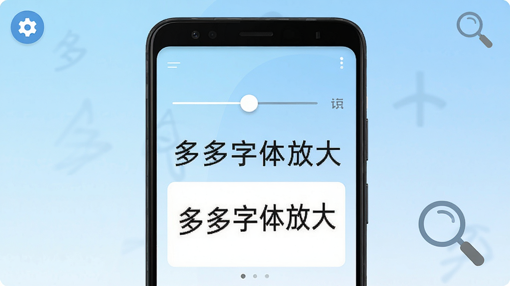 多多字体放大软件主界面预览图,画面中央展示一部安卓手机,手机屏幕内显示字体大小调节滑块与预览文字,文字标注