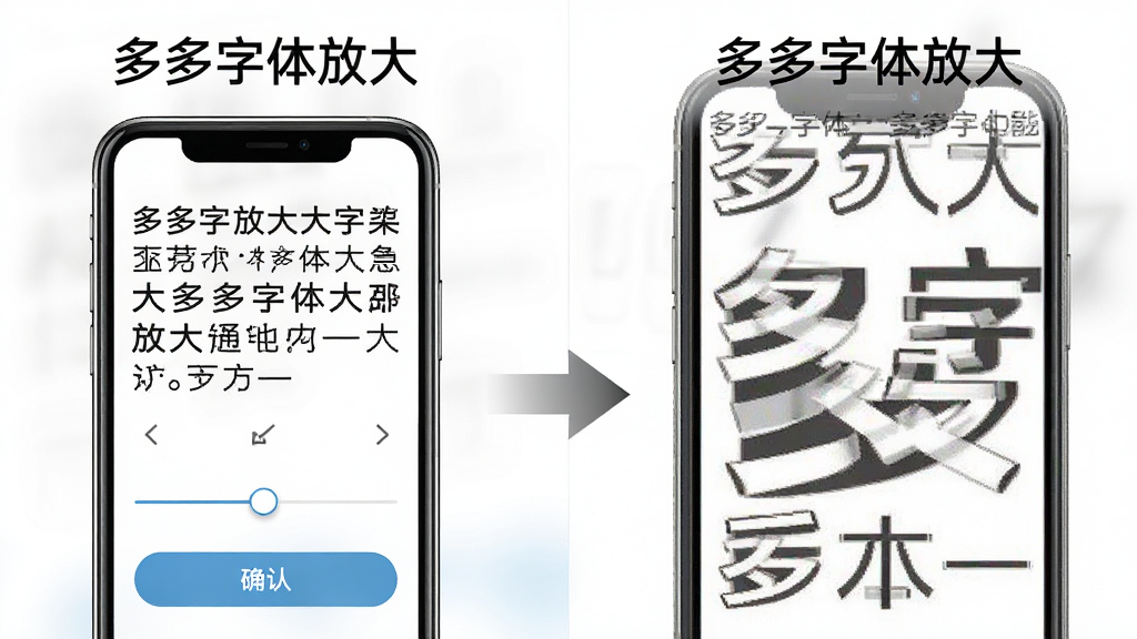 多多字体放大功能展示图,画面左侧为手机屏幕显示小字体,右侧为同一手机屏幕显示放大后的大字体,中间用箭头连接,屏幕上方标注