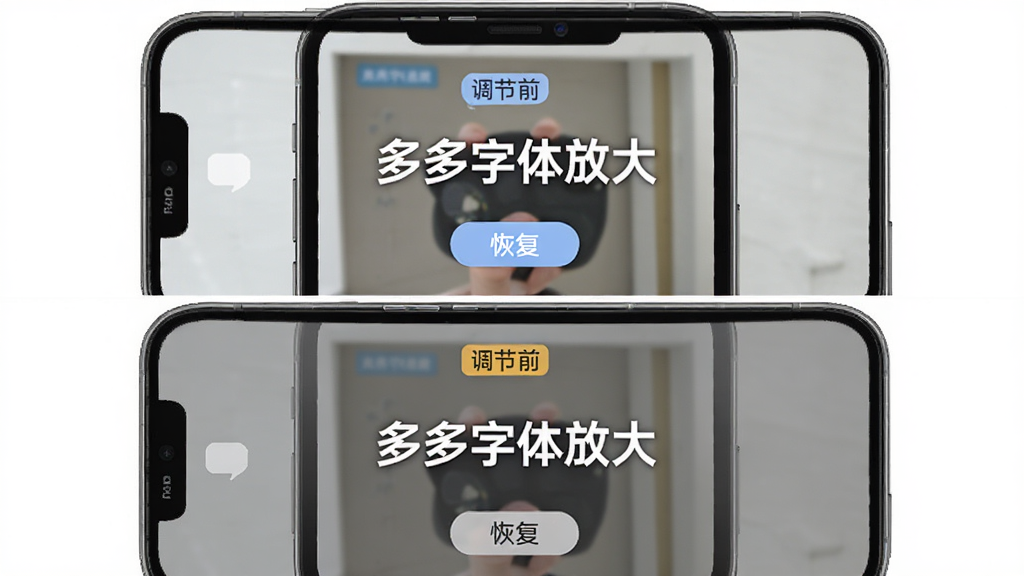 多多字体放大实时预览功能示意图,画面展示手机屏幕分为上下两部分,上方为调节前效果,下方为调节后效果,屏幕中央显示