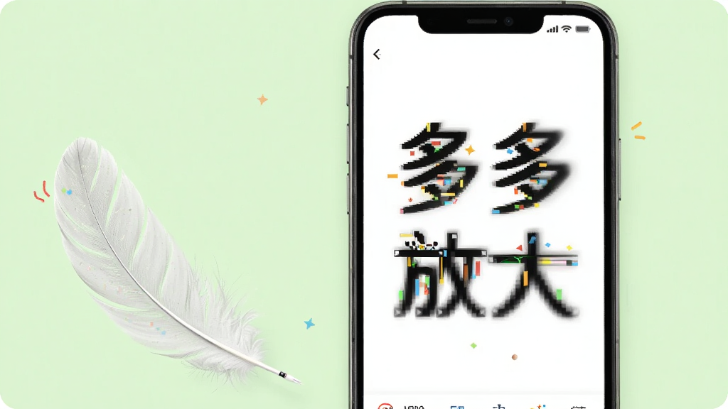 多多字体放大轻量运行示意图,画面展示一部手机旁边放置一个轻飘飘的羽毛,手机屏幕显示