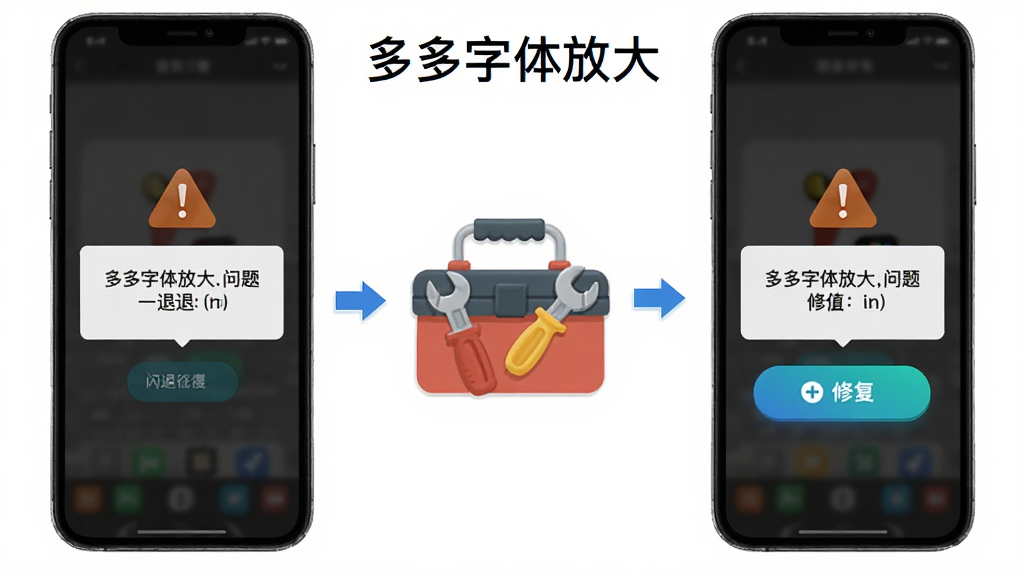 多多字体放大问题解决流程图,画面展示手机屏幕出现闪退提示,旁边有工具箱图标与修复按钮,屏幕上方标注