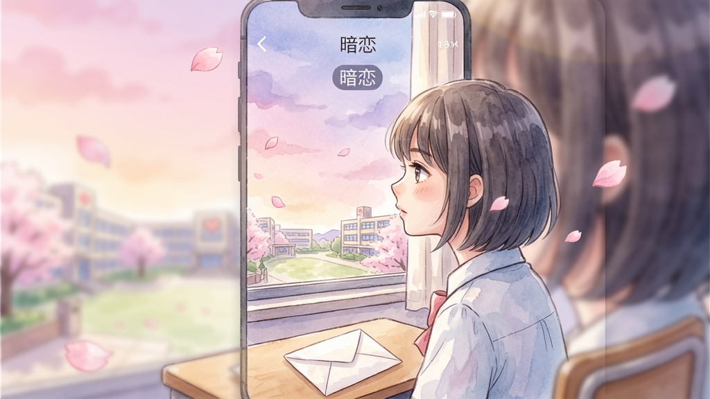 一张竖版手机屏幕截图风格插画,画面中央是名为“暗恋”的APP界面,背景是柔和的粉紫色渐变天空与校园场景,画面主体是一位短发少女侧脸看向窗外,桌面上放着一封未送出的信,布局采用手机UI与插画融合的排版,风格为日系清新水彩,细节包含飘落的樱花花瓣与轻微的光晕效果,画质清晰干净,无多余元素,画面中文字标注“暗恋”