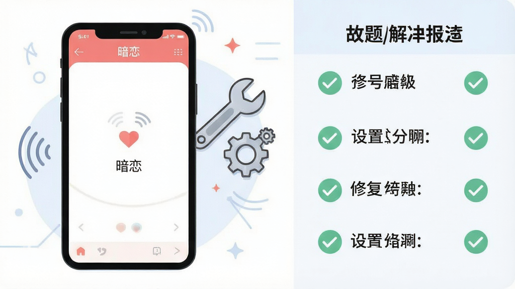 一张手机应用故障排查示意图,画面主体为“暗恋”APP在手机屏幕上显示加载界面,旁边有扳手与齿轮图标代表设置与修复,布局采用左右分栏,左侧为手机界面,右侧为问题解决步骤列表,风格为扁平化科技插画,细节包含信号波纹与检查标记,画质清晰,干净无多余元素,画面中文字标注“暗恋”