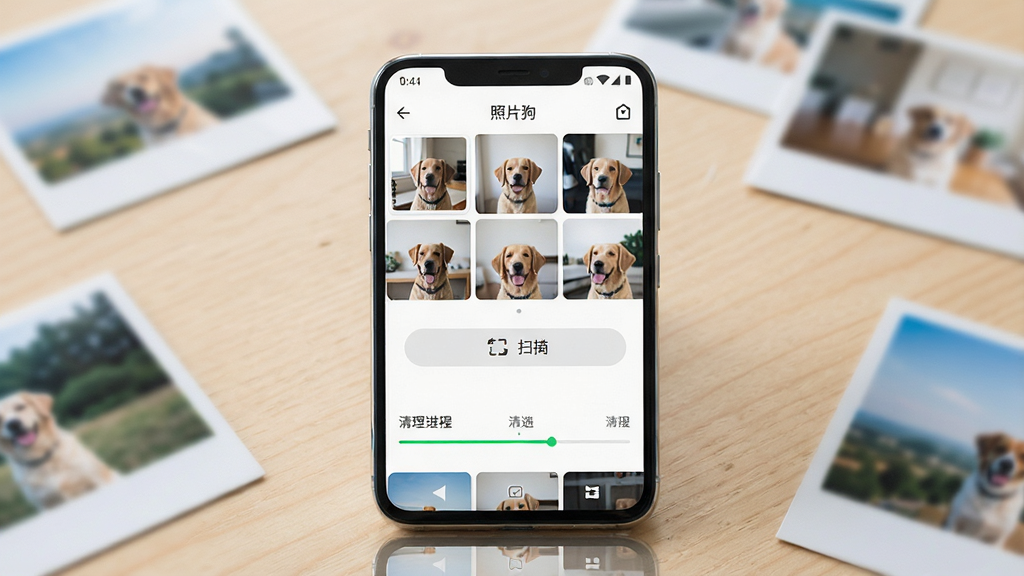 一张手机屏幕展示相册管理应用界面的场景图。主体为一部竖屏安卓手机,屏幕中显示照片狗应用的主界面,界面上有相册分类、扫描按钮和清理进度条。布局为手机居中放置于浅色木质桌面,周围散落几张模糊的纸质照片作为点缀。排版简洁清晰,风格为现代科技感与生活化结合,细节包括手机边缘的反光和界面中