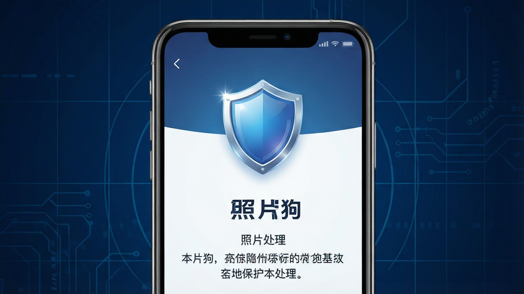 一张强调隐私安全的手机应用场景图。主体为一部手机屏幕,屏幕上显示照片狗应用的隐私保护说明页面,有盾牌图标和