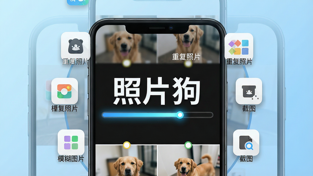 一张展示智能手机相册扫描功能的示意图片。主体是一部手机屏幕,屏幕上显示照片狗应用正在扫描相册,界面中有进度条和分类图标,分别标注
