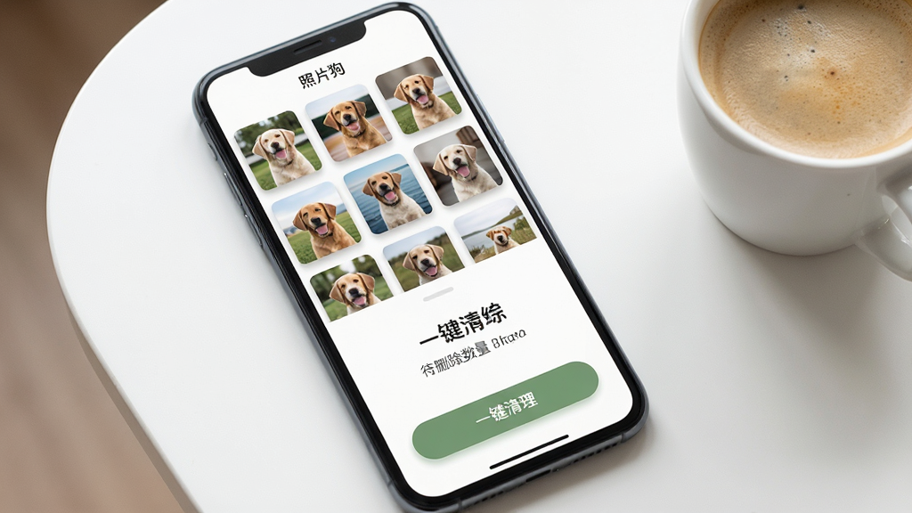 一部手机屏幕显示照片狗应用的一键清理确认界面。主体为手机竖屏,屏幕中央显示