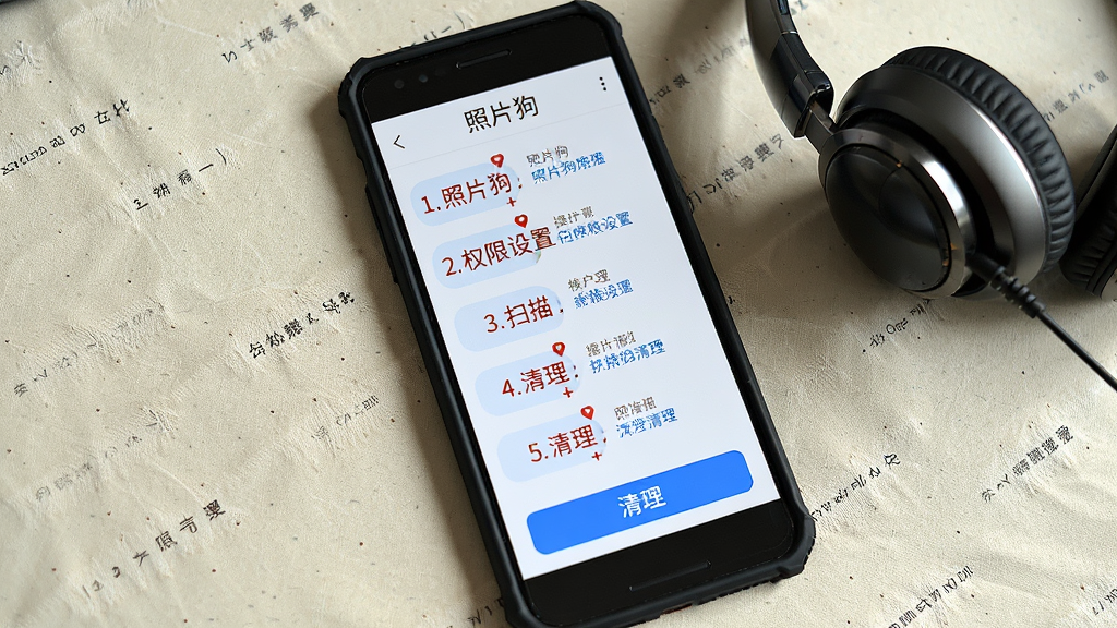 一部安卓手机显示照片狗应用的使用攻略界面。主体为手机竖屏,屏幕上显示操作步骤和提示文字,有