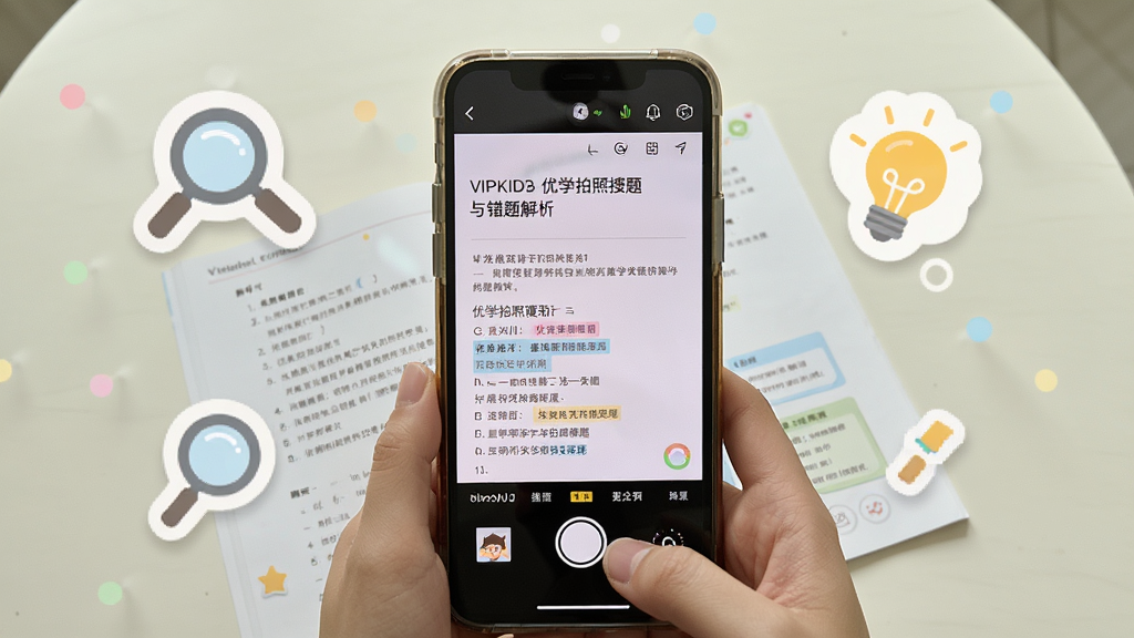 VIPKID优学拍照搜题与错题解析界面,画面中手机摄像头正对一本打开的练习册,屏幕上显示题目解析和知识点标注,周围有放大镜和灯泡图标点缀,背景为干净的米白色桌面,风格真实自然,排版简洁,画质清晰,无多余元素