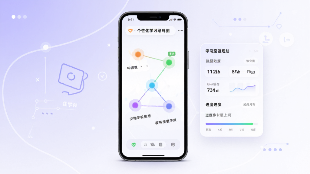 VIPKID优学AI学习路径规划功能展示,画面中央一部手机屏幕上显示个性化学习路线图,节点用彩色圆点连接,旁边配有数据面板和进度条,背景为浅紫色到白色的柔和渐变,风格科技感与教育感融合,布局清晰,画质细腻,干净无多余元素