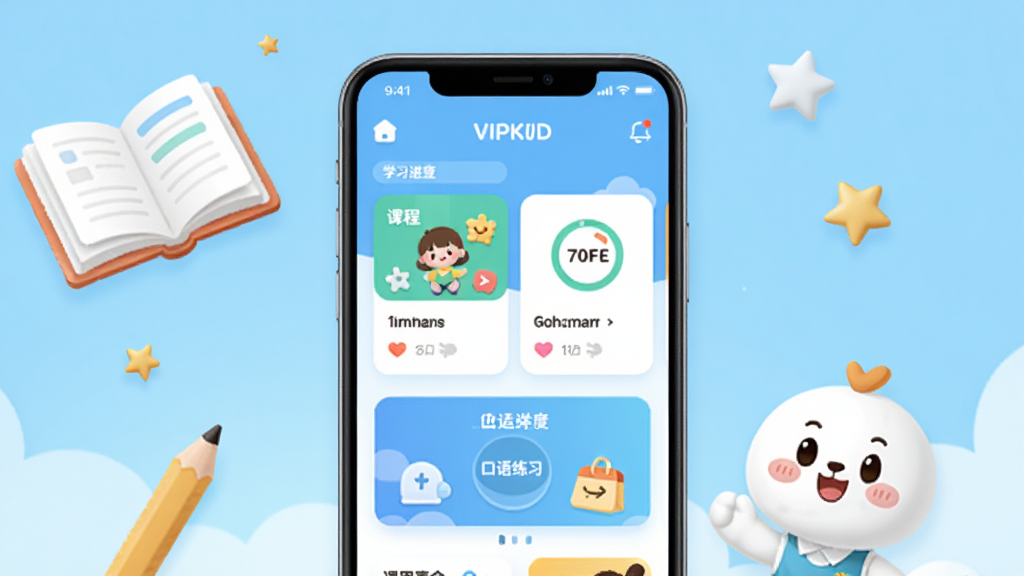 VIPKID优学官方主界面展示,画面中央是一台竖屏智能手机,屏幕内呈现学习首页,包含课程卡片、学习进度环、口语练习入口和卡通吉祥物,背景为明亮柔和的浅蓝色渐变,周围点缀书本、铅笔和星星元素,整体风格清新活泼,排版简洁有序,画质清晰,干净无多余元素