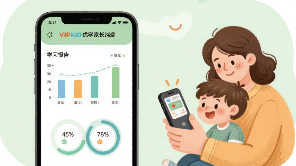 VIPKID优学家长端学习报告页面,手机屏幕展示柱状图和环形进度图,数据清晰直观,旁边有家长与孩子一起看手机的温馨插画,背景为柔和的浅绿色,风格温馨简约,画质干净,无多余元素