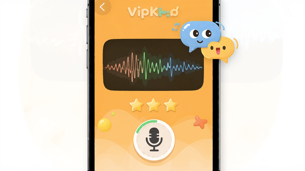 VIPKID优学口语练习功能展示,手机屏幕显示发音波形图和评分星级,界面中有麦克风按钮和卡通对话气泡,背景为温暖的橙黄色调,风格活泼有趣,排版清晰,画质明亮,干净无多余元素