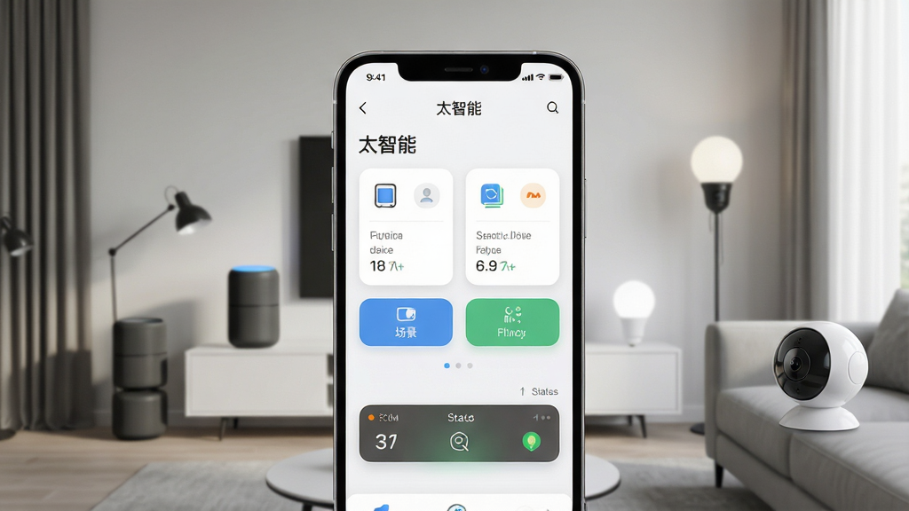 一张展示智能手机屏幕的图片,屏幕中显示“太智能”APP主界面,界面布局简洁,包含设备卡片、场景按钮和状态栏,背景为现代客厅环境,有智能音箱、智能灯泡和摄像头,风格为写实科技风,细节清晰,画质高清,干净,无多余元素