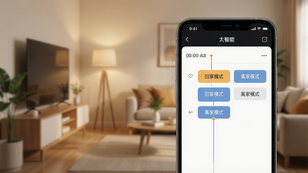 一张展示“太智能”APP场景编辑界面的图片,手机屏幕中显示时间轴和条件选择模块,有“回家模式”“离家模式”等按钮,背景为温馨家居环境,光线柔和,风格为现代简约科技风,细节丰富,画质高清,干净,无多余元素