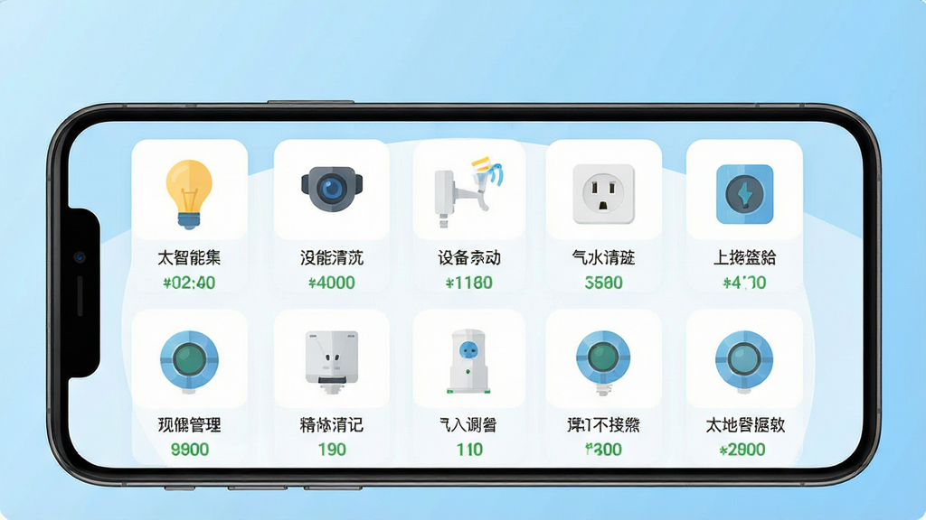 一张展示“太智能”APP设备管理界面的图片,画面中央是手机屏幕,屏幕内显示多个设备图标整齐排列,包括灯泡、摄像头、插座等,每个图标下方有设备名称和状态文字,背景为浅蓝色渐变,风格为扁平化科技风,文字清晰,画质高清,干净,无多余元素