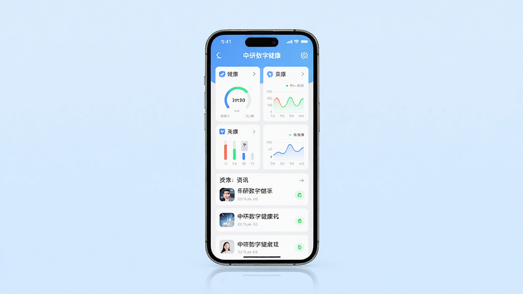 中研数字健康手机应用界面展示,主体为一部智能手机,屏幕显示健康数据仪表盘和资讯列表,布局居中,背景为浅蓝色渐变,风格简洁现代科技感,细节包含图标和图表元素,画质清晰,干净,无多余元素