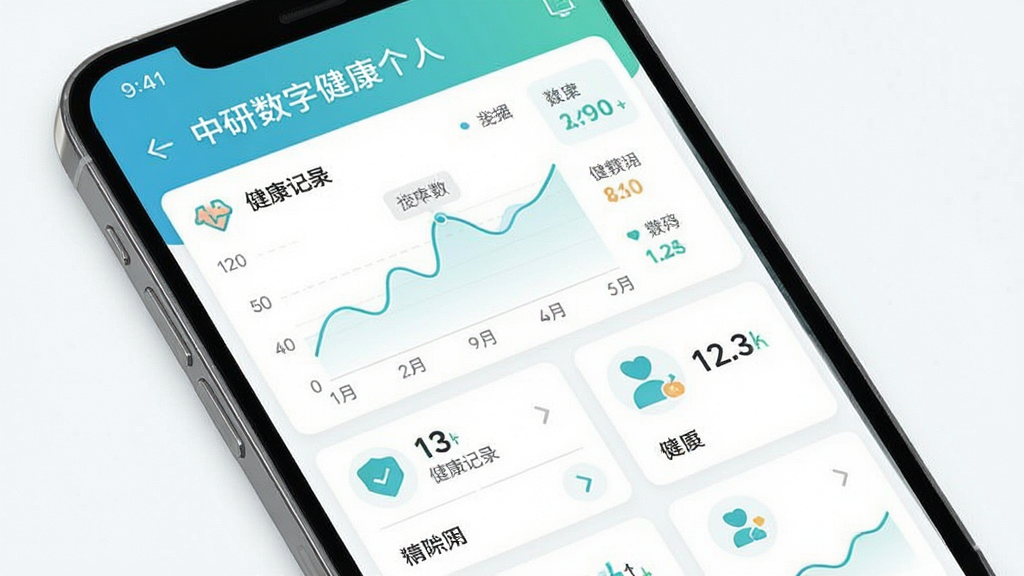 中研数字健康个人健康档案界面,主体为手机屏幕展示数据图表和健康记录,布局分区块展示,风格清新简约,细节包含折线图、数据卡片和图标,画质清晰,干净,无多余元素