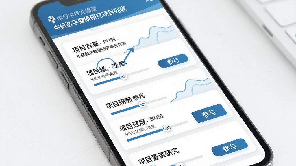 中研数字健康研究项目列表页面,主体为手机屏幕展示多个研究卡片,布局为纵向列表,风格专业医疗风,细节包含项目名称、进度条和参与按钮,画质清晰,干净,无多余元素