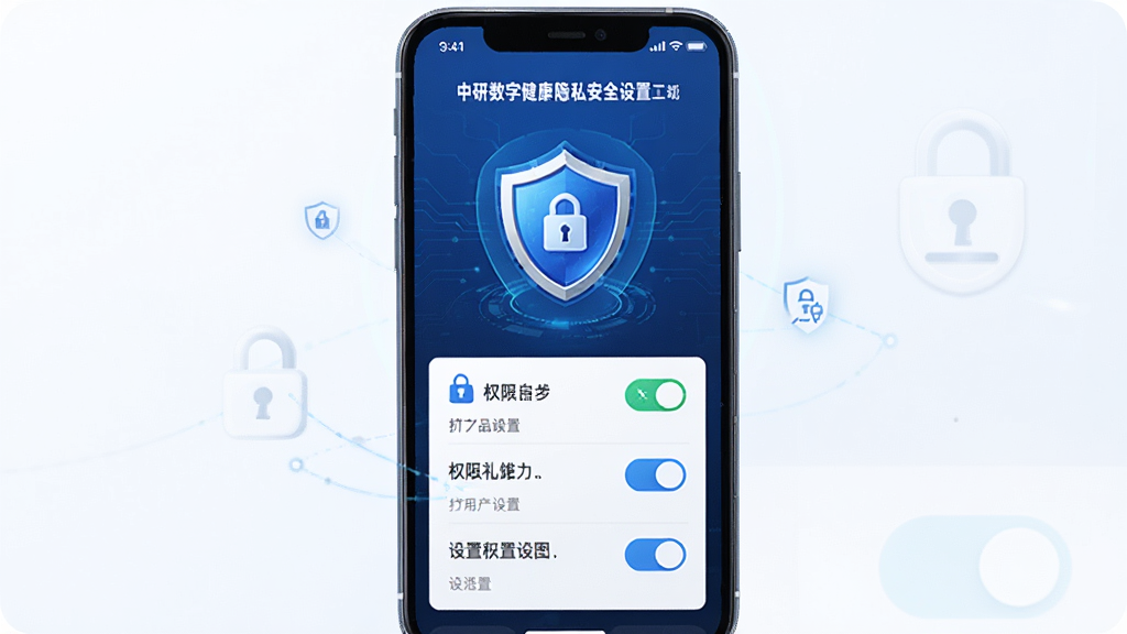 中研数字健康隐私安全设置界面,主体为手机屏幕展示安全盾牌图标和权限开关列表,布局居中对称,风格科技安全风,细节包含锁形图标、加密标识和设置选项,画质清晰,干净,无多余元素