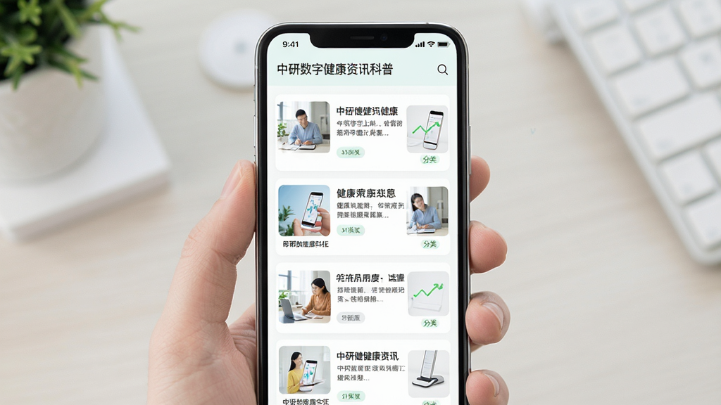 中研数字健康资讯科普页面,主体为手机屏幕展示健康文章列表和科普卡片,布局为网格与列表结合,风格清新阅读风,细节包含标题、缩略图和分类标签,画质清晰,干净,无多余元素