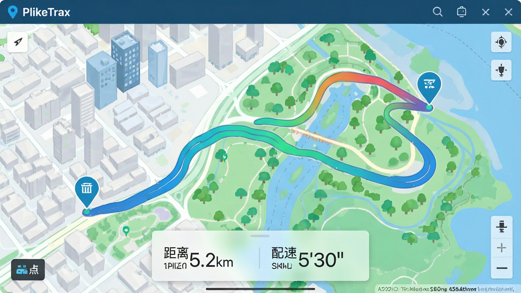 主体为PlikeTrax软件界面中的轨迹记录页面,显示一条蜿蜒的彩色运动轨迹穿越城市与公园;布局为全屏地图视图,底部悬浮数据卡片;排版为地图占主要面积,数据卡片半透明覆盖;风格为简洁明快的运动风,色彩以蓝绿为主;细节包括轨迹线条渐变显示速度变化,地图上有起点和终点标记,数据卡片显示“距离5.2km”“配速5'30\