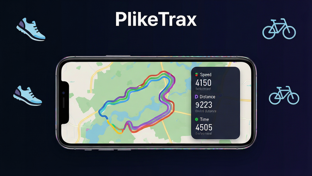 主体为一部智能手机屏幕显示PlikeTrax应用界面,界面中呈现彩色运动轨迹地图与数据面板;布局为手机居中放置于深色背景上,周围环绕简约的运动图标如跑鞋、自行车;排版采用上下结构,上方为软件名称“PlikeTrax”文字,下方为手机展示;风格为现代科技感与运动活力结合,扁平化设计;细节包括地图上的路径线条清晰,数据面板显示速度、距离、时间等数字,手机边框有轻微反光;画质为高清4K,干净无多余元素,背景纯色渐变。