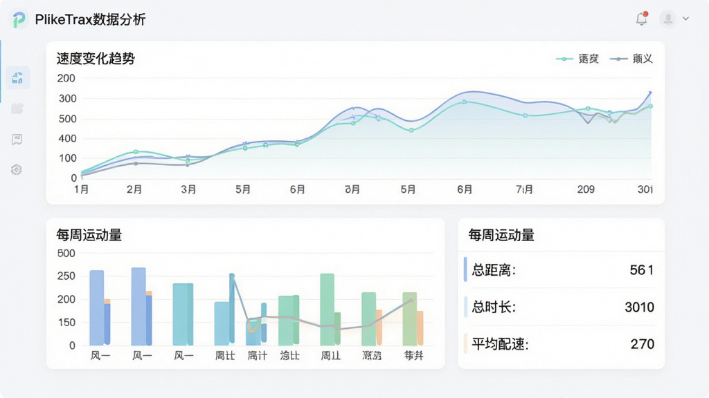 主体为PlikeTrax数据分析界面,展示多个图表和统计数据;布局为上下排列的卡片式布局,上方为折线图,下方为柱状图与数据列表;排版整洁,卡片之间有适当间距;风格为清新简约的数据可视化风格,配色柔和;细节包括折线图显示速度变化趋势,柱状图对比每周运动量,数据列表显示“总距离”“总时长”“平均配速”等文字;画质为高清,干净无多余元素。