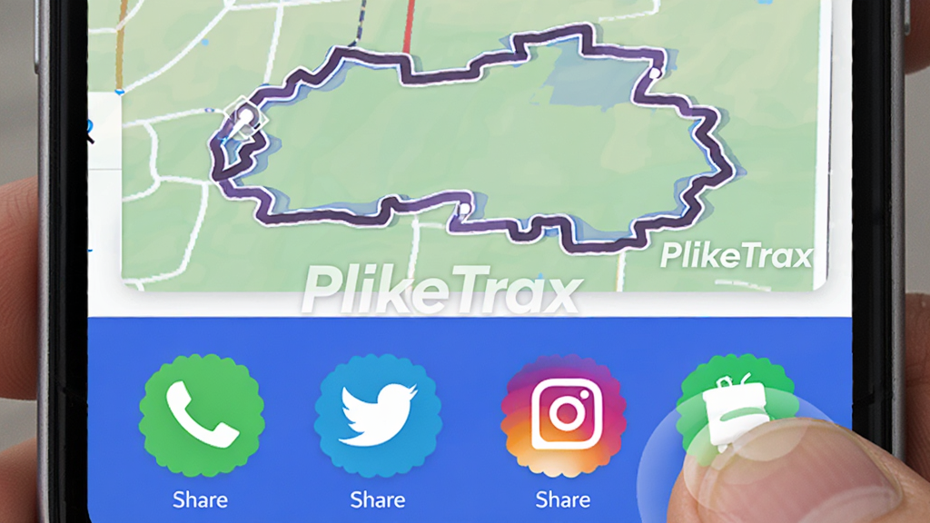 主体为PlikeTrax社交分享界面,显示运动轨迹图与分享按钮;布局为手机屏幕特写,屏幕中展示轨迹缩略图与多个社交平台图标;排版为上方轨迹图,下方一排分享图标;风格为活泼社交风,色彩明亮;细节包括轨迹图上有“PlikeTrax”水印,分享图标清晰可见,屏幕边缘有手指点击动作;画质为高清,干净无杂乱。