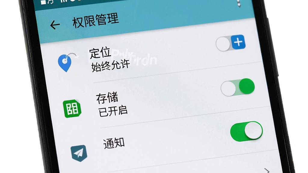 主体为手机屏幕显示PlikeTrax权限设置界面,包含定位、存储、通知等权限开关;布局为列表式排列,每个权限项有图标和开关按钮;排版整齐,顶部有“权限管理”标题;风格为安卓原生设置风格,简洁明了;细节包括定位权限显示“始终允许”,存储权限显示“已开启”,通知权限开关为绿色;画质为高清,干净无多余元素。