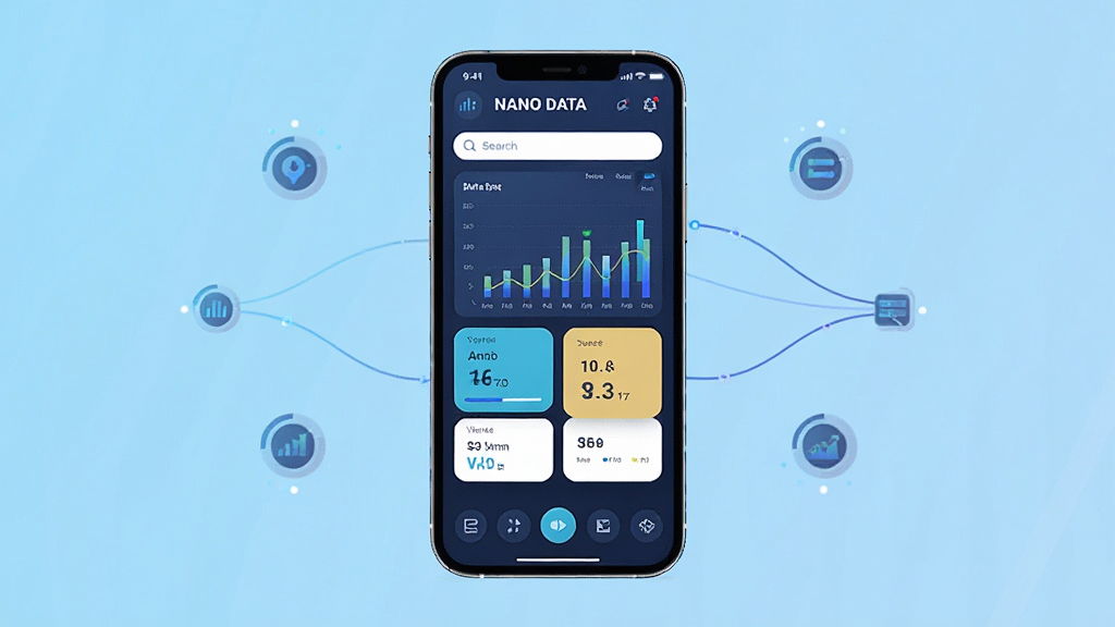 画面中央展示一部智能手机,手机屏幕上显示 NANO DATA 软件的主界面,界面中有清晰的数据图表、分类卡片和搜索栏,背景为浅蓝色科技感渐变,周围漂浮着数据节点与连接线,整体构图居中对称,风格为扁平化科技风,细节包含图标按钮、进度条和数字标签,画质高清,画面干净,无多余元素,文字内容为“NANO DATA”