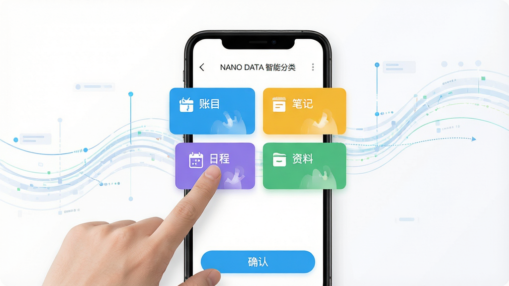 画面展示 NANO DATA 软件界面中智能分类功能的操作场景,手机屏幕中央有多个彩色分类标签卡片,如“账目”“笔记”“日程”“资料”,一只手正在点击其中一个标签,背景为白色简洁风格,周围有流动的数据线条,构图以手机为中心,风格为现代扁平化,细节包含标签图标、动画效果和确认按钮,画质高清,画面干净,无多余元素,文字内容为“NANO DATA 智能分类”