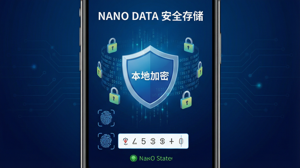 画面展示 NANO DATA 软件的安全加密功能,手机屏幕显示一个盾牌图标和“本地加密”字样,盾牌周围环绕着锁形符号和数据流,背景为深蓝色科技感渐变,构图居中,风格为安全科技风,细节包含指纹识别图标、密码输入框和加密状态提示,画质高清,画面干净,无多余元素,文字内容为“NANO DATA 安全存储”