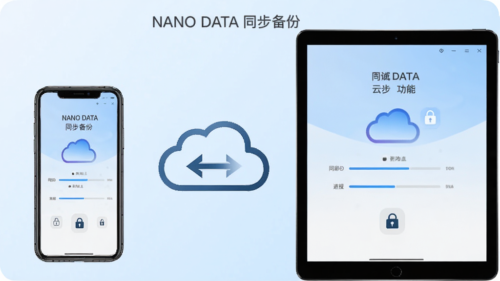 画面展示 NANO DATA 软件的云同步功能,手机和平板电脑并排显示,两者之间有一个云朵图标和双向箭头,背景为淡蓝色渐变,构图左右对称,风格为科技简约,细节包含同步进度条、设备图标和加密锁标志,画质高清,画面干净,无多余元素,文字内容为“NANO DATA 同步备份”