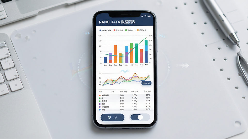 画面展示 NANO DATA 软件的数据可视化界面,手机屏幕上显示彩色柱状图和折线图,图表下方有数据列表和切换按钮,背景为浅灰色工作台风格,构图以手机屏幕为中心,风格为商务简约,细节包含图例、坐标轴和动画过渡效果,画质高清,画面干净,无多余元素,文字内容为“NANO DATA 数据图表”