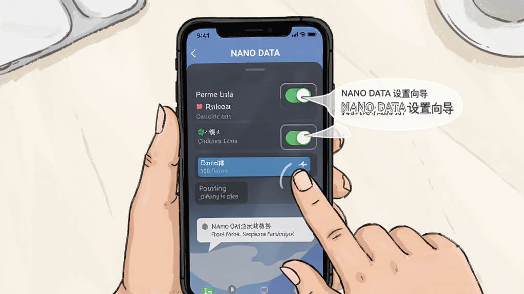 画面展示 NANO DATA 软件在手机上的操作教程场景,手机屏幕显示设置界面,旁边有手指点击的动画,背景为浅色桌面,构图以手机和手为中心,风格为教程插画风,细节包含权限开关、存储条和提示气泡,画质高清,画面干净,无多余元素,文字内容为“NANO DATA 设置向导”