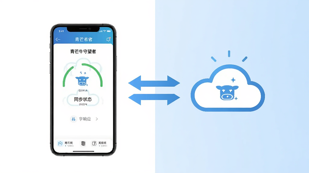 青芒牛守望者实时响应与同步示意图,画面中央为手机与云端图标之间的双向箭头,手机屏幕显示青芒牛守望者同步状态界面,背景为白色与淡蓝色拼接,布局对称,风格清爽素雅,细节简洁,画质清晰,无多余元素,体现快速响应与数据同步概念