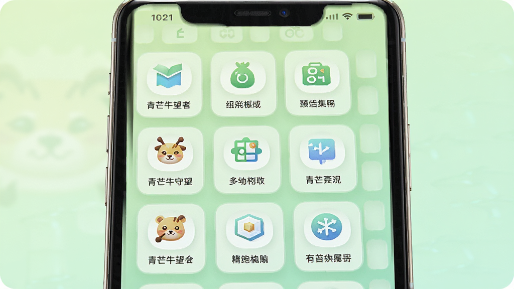 青芒牛守望者多功能集成面板展示,手机屏幕呈现网格状功能面板,面板内包含多个图标与标签,背景为浅绿色渐变,图标排列整齐,风格清新浅色,细节丰富,画质高清,无杂乱元素,突出功能集成与易用性