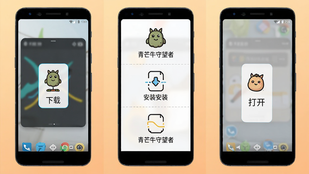 青芒牛守望者手机安装步骤示意图,画面展示一部安卓手机,屏幕分三格显示下载、安装、打开三个步骤,每格配有简洁图标与文字说明,背景为浅橙色渐变,布局竖向排列,风格清新浅色,细节清晰,画质干净,无多余元素,适合新手安装指引配图
