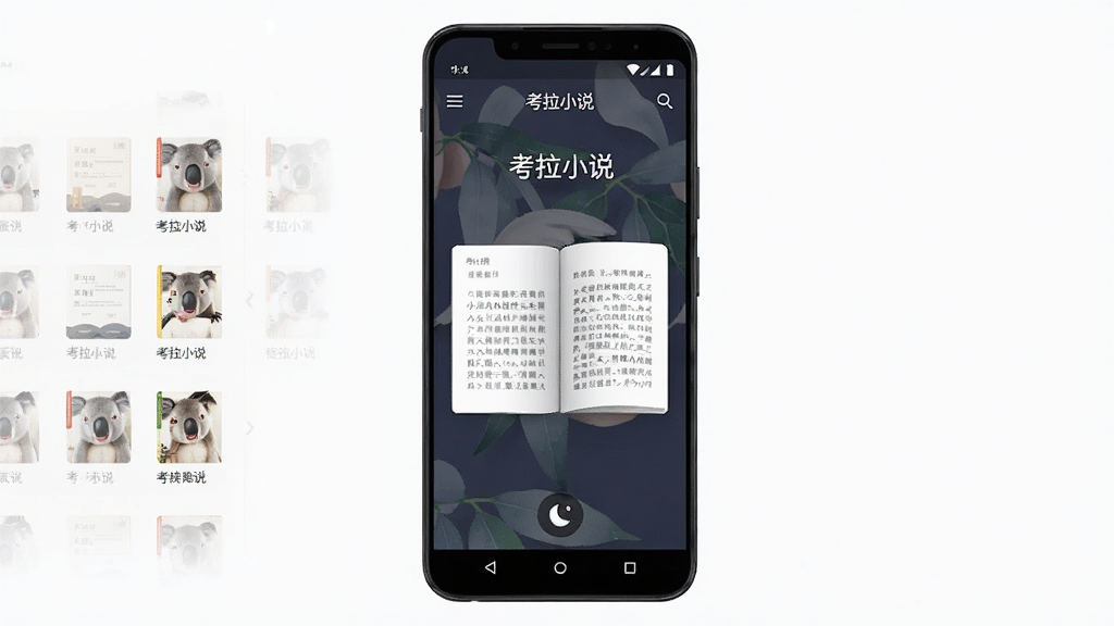 手机屏幕中显示考拉小说阅读界面,主体为一部竖屏安卓手机,布局居中,排版简洁,风格清新现代,细节包含书架列表、翻页动画和夜间模式按钮,画质高清干净无多余元素,画面中文字标注“考拉小说”