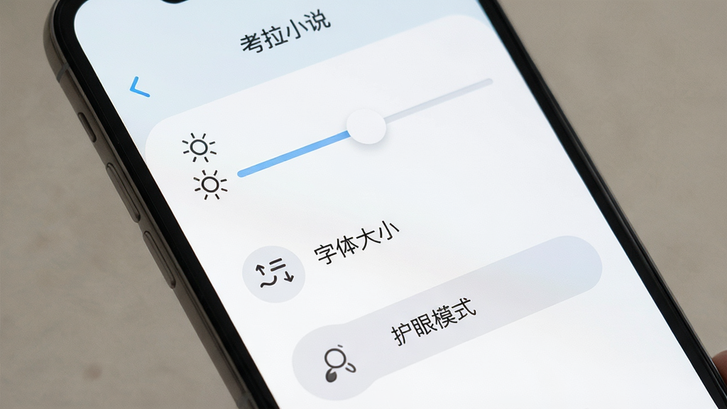 手机屏幕呈现考拉小说阅读设置面板,主体为手机界面,布局为滑杆与选项按钮,排版清晰,风格简约柔和,细节包含亮度调节、字体大小和护眼模式图标,画质高清干净无多余元素,画面中文字标注“考拉小说”