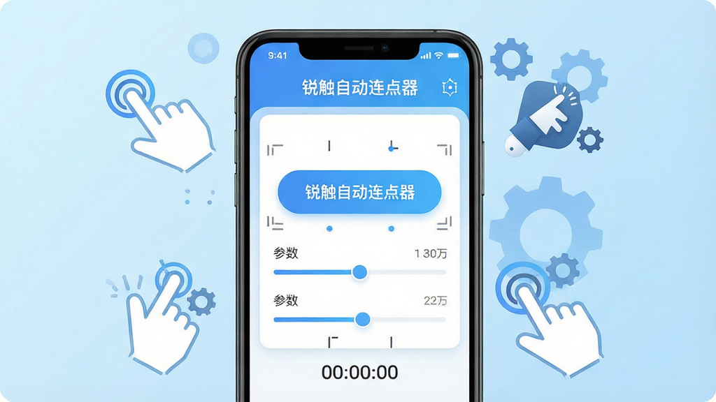 一张展示智能手机屏幕的清晰图片,屏幕中央显示着“锐触自动连点器”的应用主界面,界面布局简洁,有醒目的启动按钮和参数设置滑块。手机周围环绕着一些抽象的点击手势图标和齿轮符号,背景是干净的浅蓝色渐变。风格为现代科技感UI插画,细节包括屏幕上的连点坐标标记和运行倒计时。画质高清,画面干净,无多余元素。