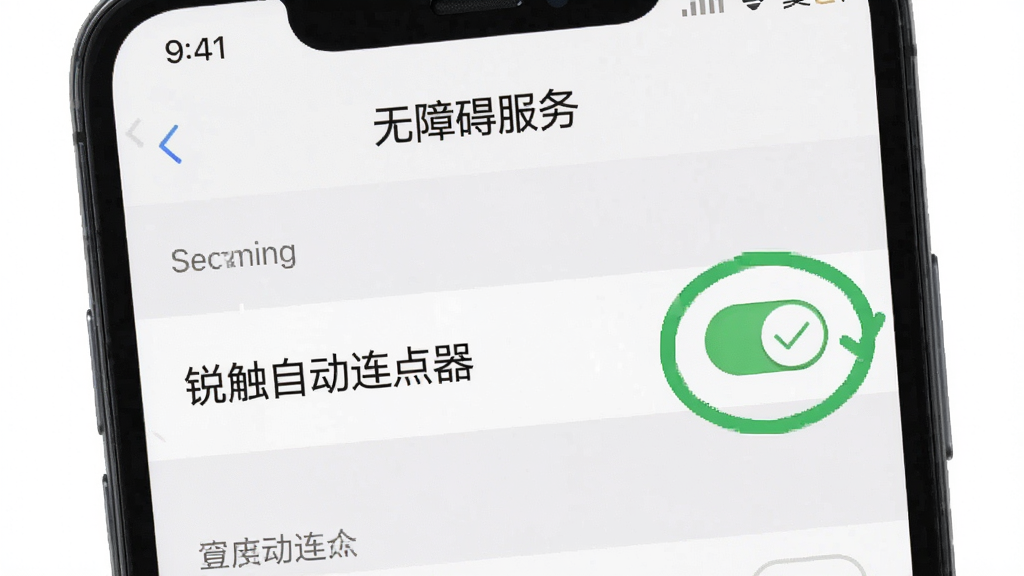 一张展示手机屏幕上显示“无障碍服务”设置页面的截图风格图片,页面中“锐触自动连点器”的开关被高亮圈出,旁边有一个绿色的对勾标记。背景是手机系统设置界面,风格为扁平化UI设计,色彩柔和。画质清晰,画面干净,无多余元素。