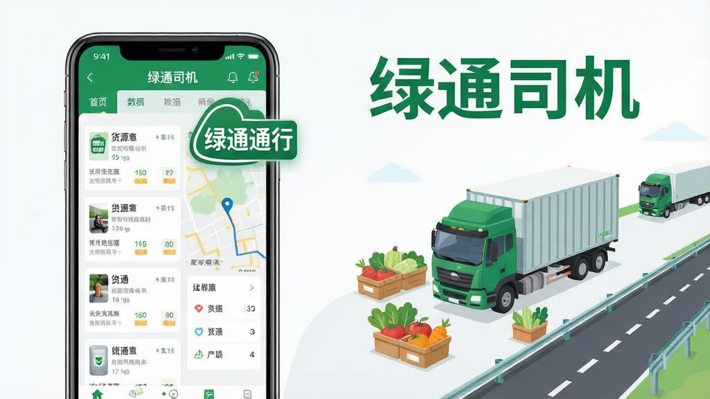 一张展示绿通司机软件核心全貌的横版宣传图。主体为一部智能手机,屏幕显示绿通司机APP首页界面,包含货源列表、地图导航与绿通标识。布局采用左图右文结构,左侧为手机展示,右侧为简洁的运输场景插画,包含货车、生鲜农产品与公路元素。排版整齐清晰,风格为扁平化科技感,细节上突出绿色通行标识与数据面板,画质高清干净,画面中文字需包含“绿通司机”,整体无多余元素。