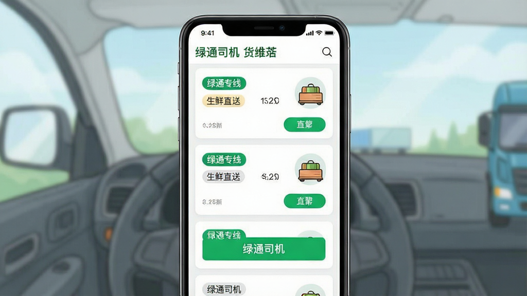 一张展示绿通司机货源推送功能的界面截图风格插图。主体为手机屏幕,显示货源列表卡片,卡片上标注“绿通专线”“生鲜直送”等标签。布局为纵向列表排版,风格简洁明快,细节包含绿色高亮按钮与货物图标,画质清晰干净,画面中文字需包含“绿通司机”,无多余装饰元素。